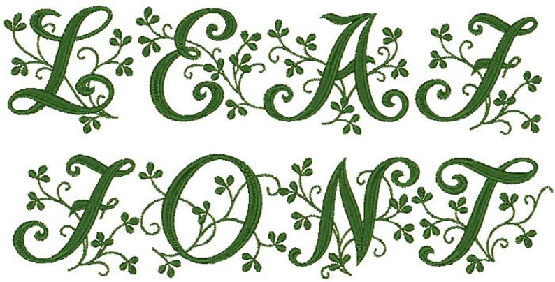 K&ouml;nnte beinhalten: Ein gr&uuml;nes Blatt-Schriftdesign mit den Buchstaben LEAFONT. Die Buchstaben sind mit Schn&ouml;rkeln und Ranken verziert.