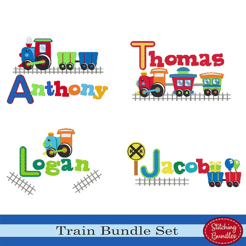 Pu&ograve; includere: Un set di quattro ricami di treni colorati con i nomi Anthony, Thomas, Logan e Jacob. Ogni disegno include un treno con pi&ugrave; carrozze e un binario.