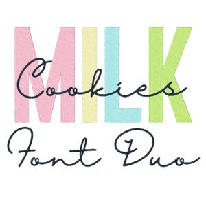 Conjunto de fuentes de bordado Milk N Cookies Duo Monogram BX 591 archivos 7 tamaños Sans y 6 Script Diseños para máquina de bordar Bloque de descarga instantánea