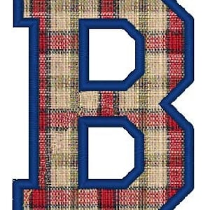 May include: A large, blue outlined letter "B" with a red and beige plaid pattern.