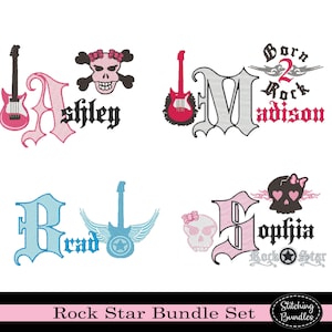 112 Rock Star Stickerei Maschinenstickmotive Bundle Set Schriftarten - Instant Download - Flügel Schädel Gitarre SX-2 Farbe Monogramm Born 2 Rock