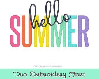 Duo Hello Summer Font Embroidery Machine Designs BX Monogram 2 Fonts Script and Sans 6 sizes each 534 file alphabet signature cursive set