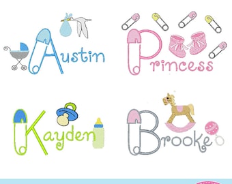 125 Baby Pin Shower Embroidery Machine Designs BX Font Bundle Set Instant Download Monogram Nursery Stork booties babies rattles Bottle