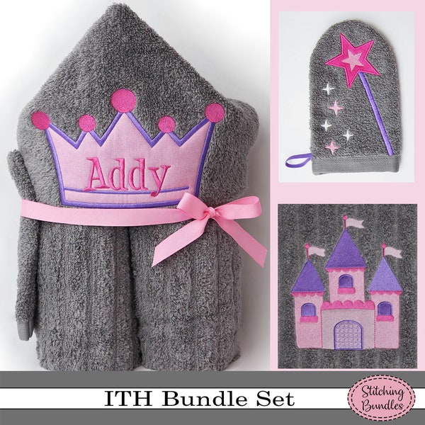 Princess Applique Hooded Towel ITH Magic Wand Wash Mitt Castle Machine Embroidery Bundle Set INSTANT DOWNLOAD 4x4 5x7 6x10 7x12 Crown