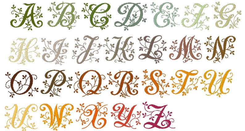 K&ouml;nnte beinhalten: Ein Satz von 26 dekorativen Alphabetbuchstaben mit einem Blatt-Ranken-Design. Die Buchstaben sind in verschiedenen Gr&uuml;nt&ouml;nen, Braun-, Orange- und Rott&ouml;nen.