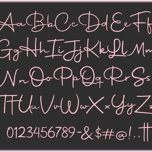 May include: A pink handwritten alphabet with uppercase and lowercase letters, numbers, and symbols on a black background.