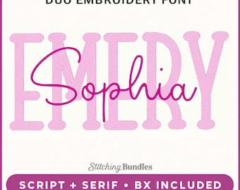 May include: A digital embroidery font display featuring the word EMERY in large light pink serif letters with the word Sophia overlaid in a dark pink script font. Text at the top reads DUO EMBROIDERY FONT and at the bottom SCRIPT + SERIF • BX INCLUDED.