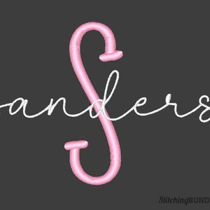 May include: A pink cursive letter "S" with the word "sanders" written in white cursive above it.