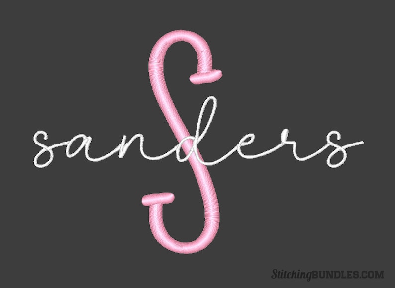 May include: A pink cursive letter "S" with the word "sanders" written in white cursive above it.