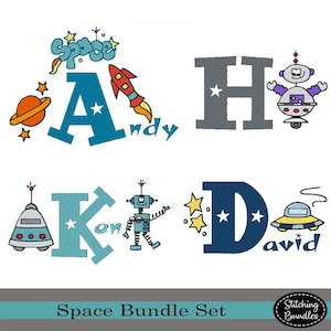 May include: A set of two embroidery designs featuring the letters A, H, K, and D. Each letter is decorated with space-themed elements, including stars, rockets, robots, and spaceships. The letters are in blue, gray, and teal colors. The text "Space Bundle Set" is at the bottom of the image.