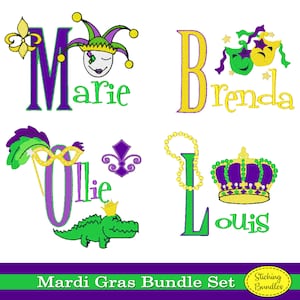 May include: Mardi Gras Bundle Set embroidery designs featuring the letters M, B, O, and L with festive Mardi Gras themed embellishments. The letters are decorated with a jester, masks, a fleur-de-lis, a crown, and beads. The names Marie, Brenda, Ollie, and Louis are spelled out below the letters.