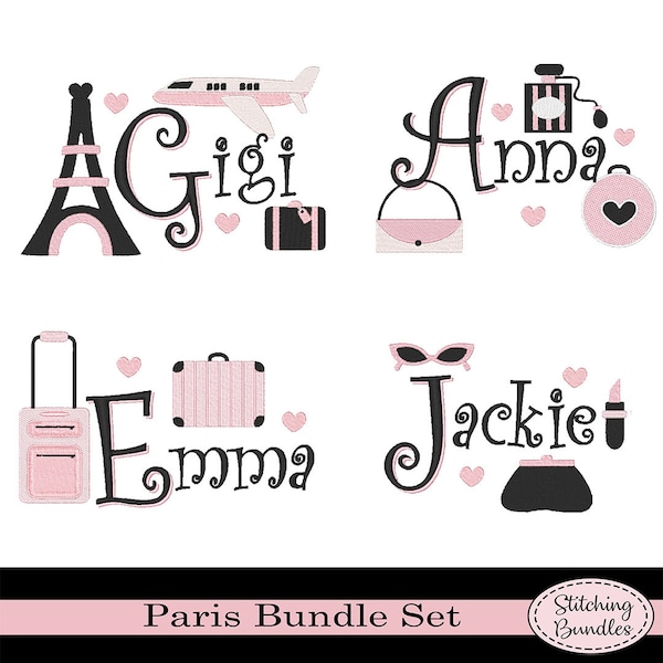 89 Paris Eiffelturm Maschine Designs Bundle-Set Sofortiger Download dessen Schrift Monogramm Flugzeug Gepäck Oh La La Parfüm Geldbörse Mädchen Reise Reisen