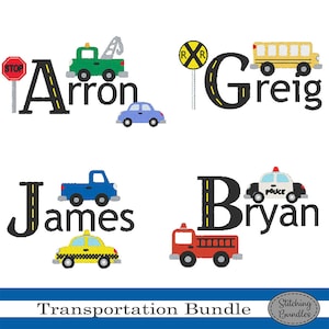 79 Car Truck Embroidery Machine Designs Road Font Bundle Set Automobile Fireman Police Bus BX Fonts Monogram Transportation Boys tow truck
