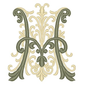 May include: An embroidery design featuring the letter H in a dark olive green thread, intricately intertwined with a cream-colored filigree pattern. The design showcases symmetrical scrolling flourishes and leaf-like motifs surrounding the central letter.