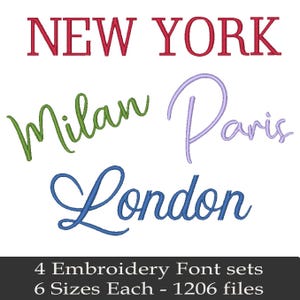 Fashion Collection Quad Embroidery Machine Font Set 4 Font - 6 sizes each - 1206 file BX Fonts Big Four New York Milan Paris London Monogram
