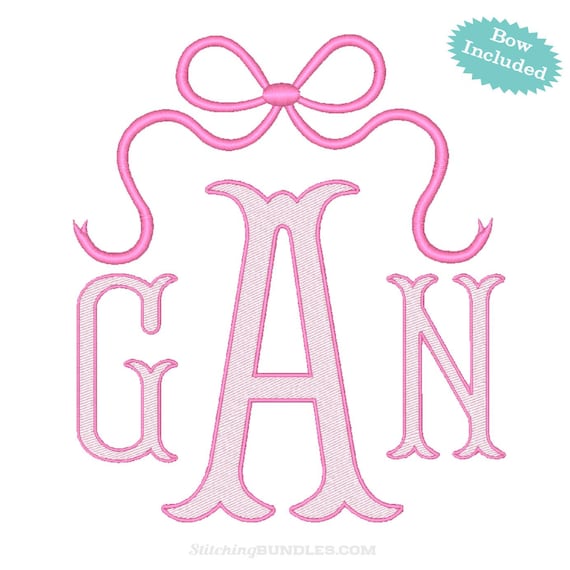 Fishtail Monogram with Bow 2 Color Embroidery Font BX 6 sizes 11 formats machine embroidery design Fonts Alphabet file vintage Letter