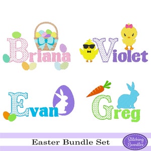 Puede incluir: Cuatro diseños de bordado con temática de Pascua con los nombres Briana, Violet, Evan y Greg. Cada diseño incluye un elemento de Pascua único, como una cesta de huevos, un pollito, un conejito y una zanahoria.
