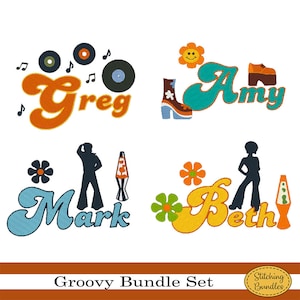 94 Groovy Máquina de bordar Diseños Paquete Conjunto Monograma BX Fuente 1970 1960 70 60 Retro Vibes vintage hippie sonrisa Boho Boho registros