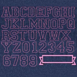 May include: A set of uppercase letters and numbers in a bold, blocky font style. The letters and numbers are outlined in pink and filled in black. The letters are arranged in three rows, with the numbers below. A blank banner with a pink outline is at the bottom of the image.