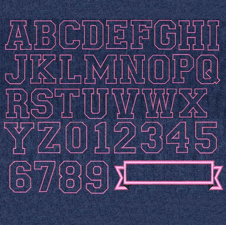 May include: A set of uppercase letters and numbers in a bold, blocky font style. The letters and numbers are outlined in pink and filled in black. The letters are arranged in three rows, with the numbers below. A blank banner with a pink outline is at the bottom of the image.