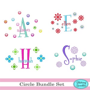 May include: A set of four embroidery designs featuring a circle of colourful dots surrounding a letter. The letters are A, E, H, and S. The names Alison, Ellen, Hannah, and Sophie are embroidered below the letters.