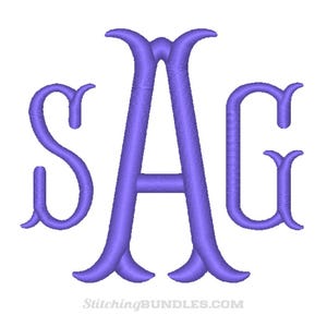 May include: A lilac monogram with the letters S, A, and G in an embroidered style. The letters are intertwined and have a flowing design. The text "StitchingBUNDLES.com" is at the bottom of the image.