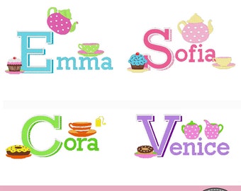 114 Tea Party Embroidery Machine Designs Font Bundle Set - INSTANT DOWNLOAD - Monogram BX Font Party Donuts Pot Kettle Tea Time cupcake cup
