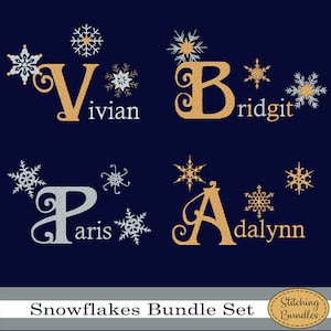 May include: A set of four embroidery designs featuring the letters V, B, P, and A with snowflakes and the names Vivian, Bridgit, Paris, and Adalynn. The designs are in gold and silver on a dark blue background. The text "Snowflakes Bundle Set" is at the bottom of the image.