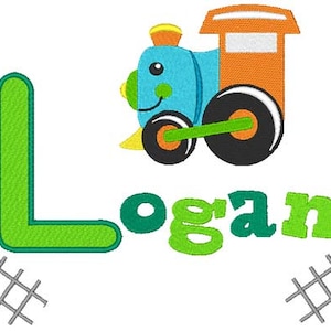 Pu&ograve; includere: Una lettera L verde con un locomotore e il nome Logan in lettere verdi. Il locomotore &egrave; blu, arancione e nero. Ci sono due binari ferroviari grigi su entrambi i lati dell'immagine.
