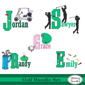 May include: A set of five golf-themed embroidery designs featuring the letters J, S, G, R, and E. Each letter is decorated with a golf-related image, such as a golf cart, a golfer, a golf ball, and a golf flag. The letters are in green, pink, and blue.