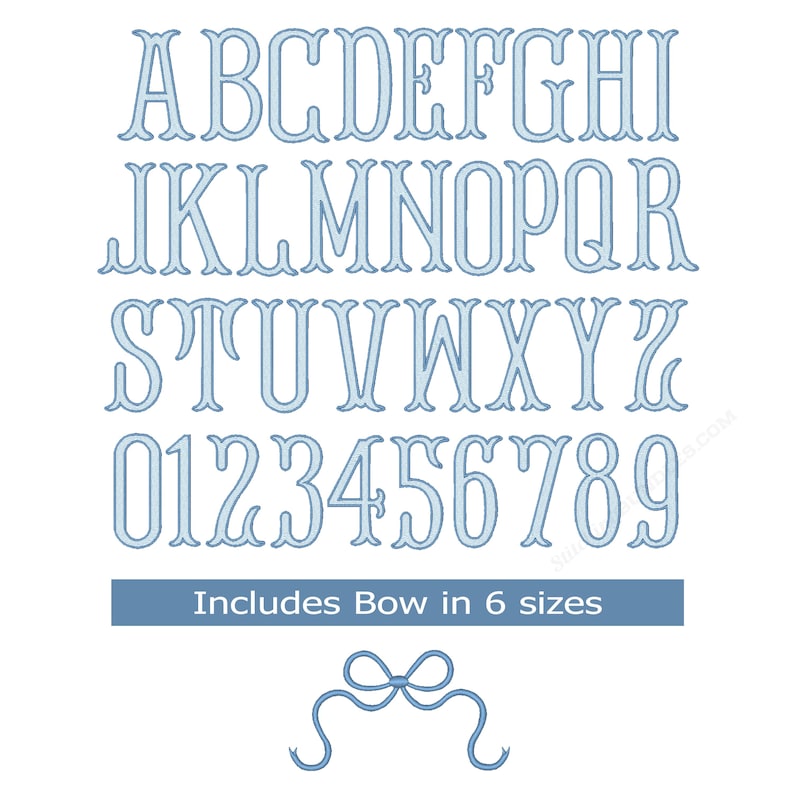 May include: A complete alphabet and number set in a light blue, decorative font. The image includes the letters A through Z and the numbers 0 through 9. A blue banner reads "Includes Bow in 6 sizes" with a bow graphic below.