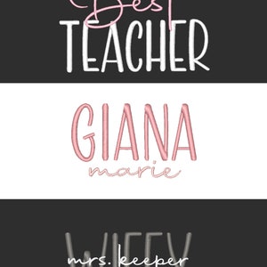 May include: A black and white graphic with the text "Best Teacher" in white, "Giana marie" in pink, and "WIFEY" in gray with the text "mrs.keeper" in white.