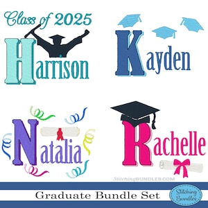 Conjunto de 107 diseños de máquina de bordar para graduados de la clase de 2025, fuente BX para graduación de 2025, gorro de graduación, diploma, escuela secundaria, universidad