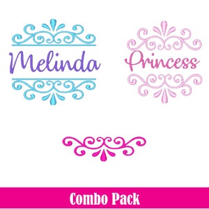 Font Frame Split Embroidery Machine Design Combo Pack Instant Download Flourish Princess, Swirly Scroll Monogram Borders