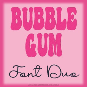 Puede incluir: Diseño gráfico rosa y negro con el texto "BUBBLE GUM Font Duo" en estilo retro.