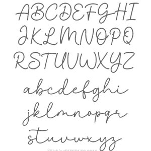 May include: A handwritten alphabet in a cursive font, with uppercase and lowercase letters. The letters are in a gray color and are set against a white background.