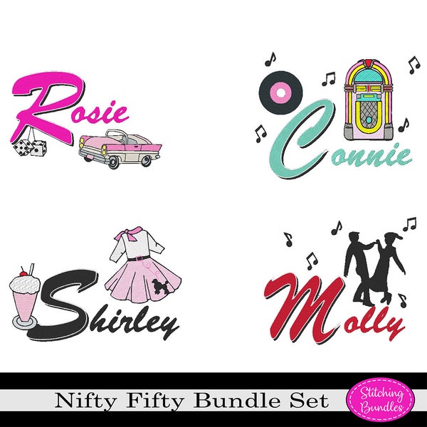 111 Nifty Fifty's Embroidery Machine Designs Bundle Set BX Fonts - Instant Download - 3D Letters Monogram 1950's Juke Box Poodle skirt