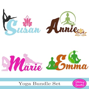 May include: A set of four yoga-themed embroidery designs featuring the names Susan, Annie, Marie, and Emma. Each design includes a stylized yoga pose and a lotus flower.