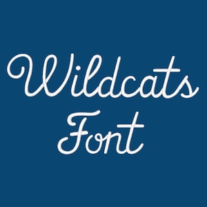 Puede incluir: Texto blanco en cursiva sobre un fondo azul oscuro que dice "Wildcats Font". La fuente tiene un estilo caprichoso y manuscrito, con un ligero efecto texturizado. El diseño general es simple y limpio.