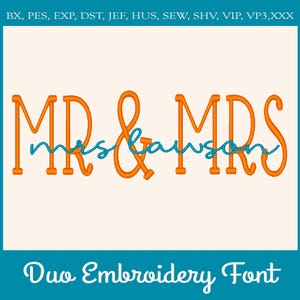 May include: An orange "MR & MRS" embroidery design with the name "Lawson" in teal script. The text is set against a cream background, with the words "Duo Embroidery Font" in teal at the bottom.