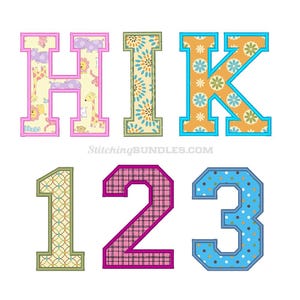 May include: A set of embroidered letters H, I, K and numbers 1, 2, 3. The letter H features a cream background with animal prints, I has a blue floral pattern, K is orange with flowers. Number 1 is geometric, 2 is pink plaid, 3 is blue with dots.