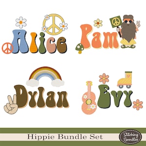 Paquete de diseños de máquina de bordado hippie, conjunto de fuente Monogram BX, 82 archivos, estilo retro, vintage, paz, arcoíris, boho, boho, hippy, chico, arcoíris