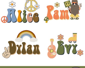 Hippie Embroidery Machine Designs Bundle Set Monogram BX Font 82 files Retro Vibes vintage peace Rainbow Bohemian Boho Hippy guy rainbow