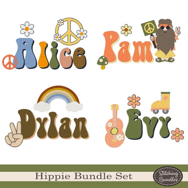 Hippie Embroidery Machine Designs Bundle Set Monogram BX Font 82 files Retro Vibes vintage peace Rainbow Bohemian Boho Hippy guy rainbow