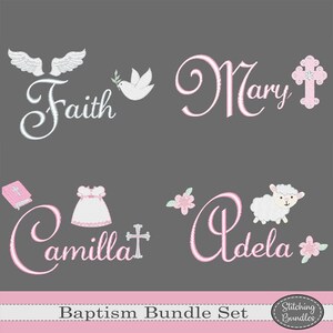 May include: A set of four embroidery designs for baptism. The designs include a dove with an olive branch, a cross, a bible, a dress, a lamb, and flowers. The names Faith, Mary, Camilla, and Adela are included in the designs.