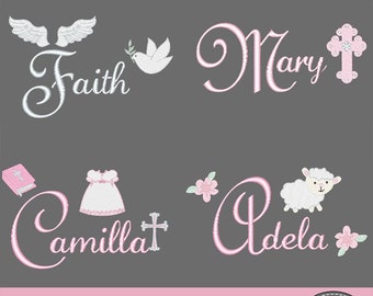 May include: A set of four embroidery designs for baptism. The designs include a dove with an olive branch, a cross, a bible, a dress, a lamb, and flowers. The names Faith, Mary, Camilla, and Adela are included in the designs.