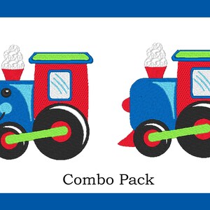 Pu&ograve; includere: Un pacchetto combinato di due toppe ricamate da stirare che raffigurano un treno dei cartoni animati con una cabina rossa, una locomotiva blu, ruote verdi e fumo bianco. Il testo "Combo Pack" &egrave; sotto i treni.