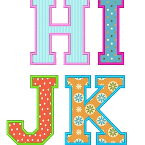 May include: Four colorful felt letters, H, I, J, and K, with different patterns. The letters are outlined in a contrasting color. The letters are in a varsity style font.