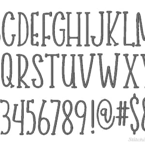 May include: A font alphabet with uppercase letters, lowercase letters, numbers, and symbols. The font is a simple, handwritten style with a slightly rounded appearance.