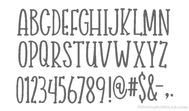 May include: A font alphabet with uppercase letters, lowercase letters, numbers, and symbols. The font is a simple, handwritten style with a slightly rounded appearance.